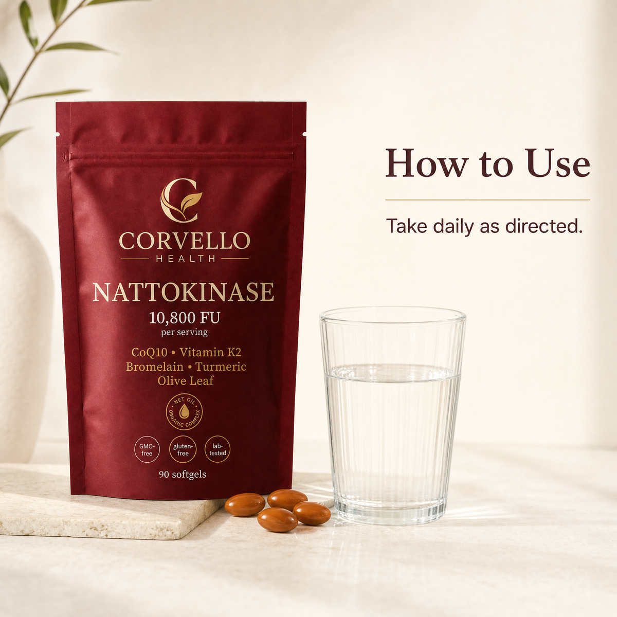 Corvello Health Nattokinase pouch with a glass of water