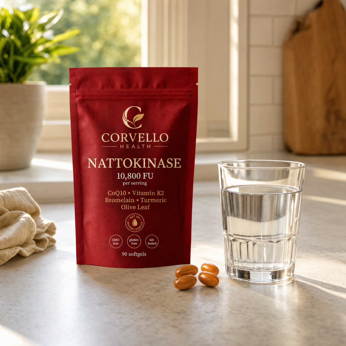 Corvello Health Nattokinase pouch on a kitchen counter