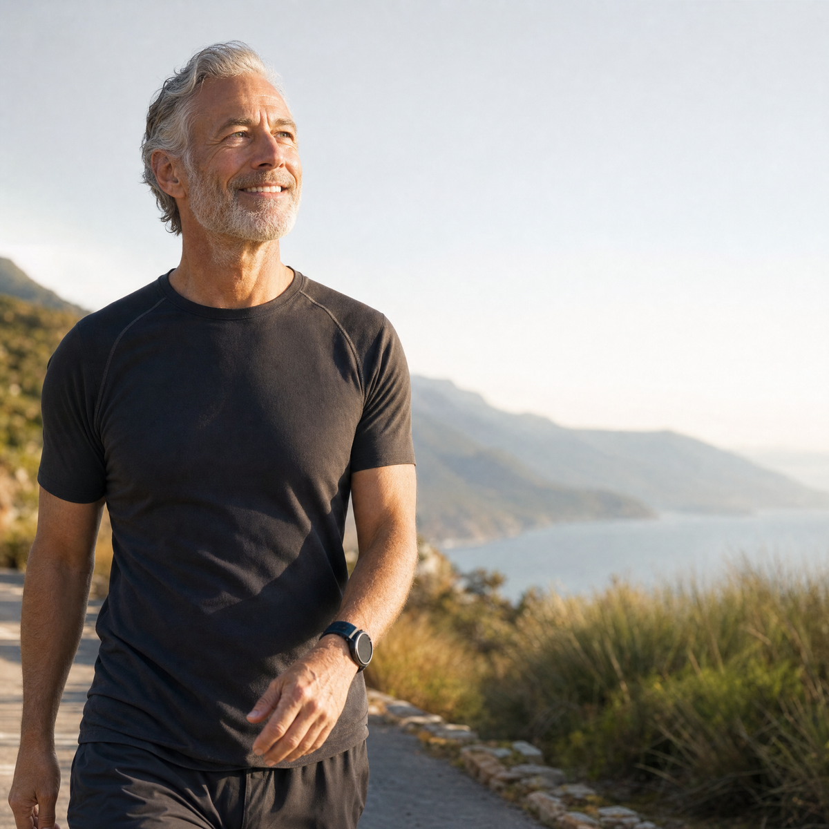 Smiling man walking outdoors along a coastal path