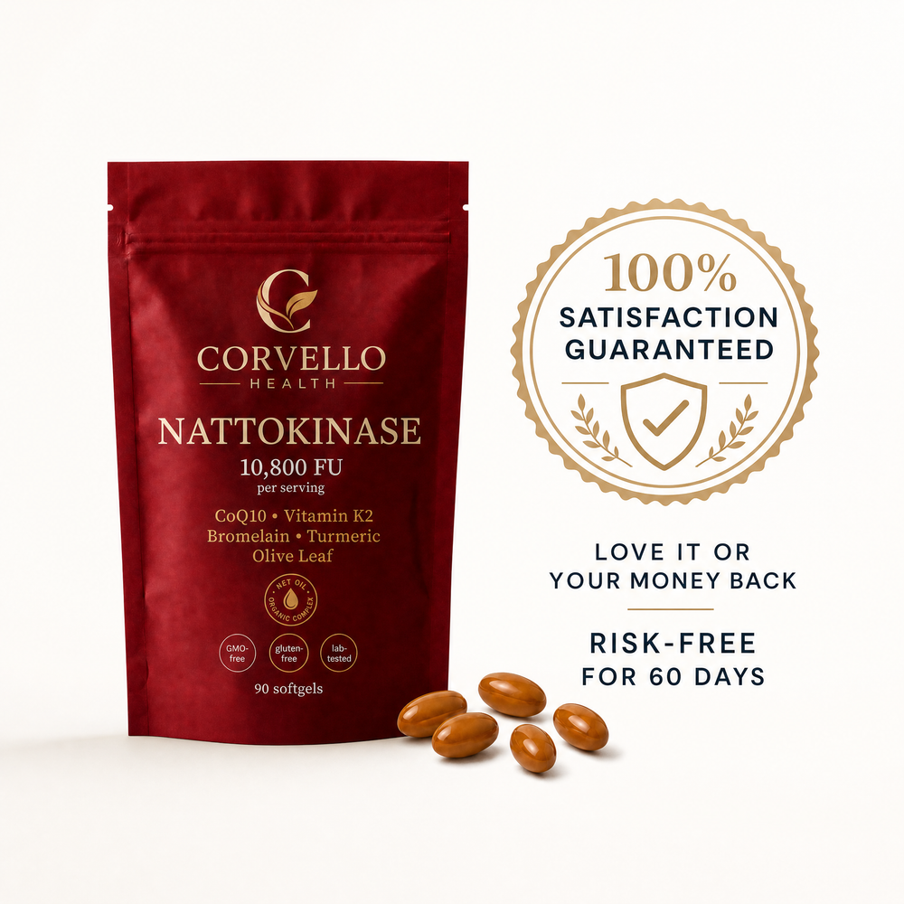 Corvello Health Nattokinase pouch beside a satisfaction guarantee seal