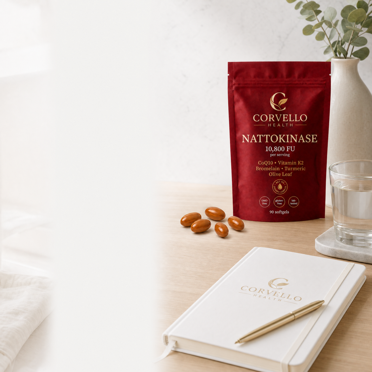 Corvello Health Nattokinase pouch on a desk with a notebook