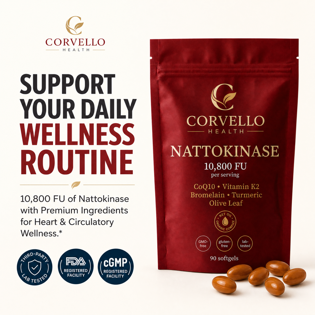 Corvello Health Nattokinase pouch with softgels