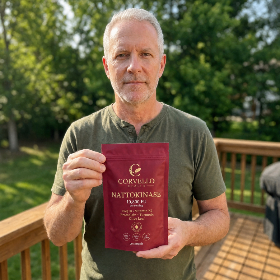 Man holding a Corvello Health Nattokinase pouch outdoors on a deck