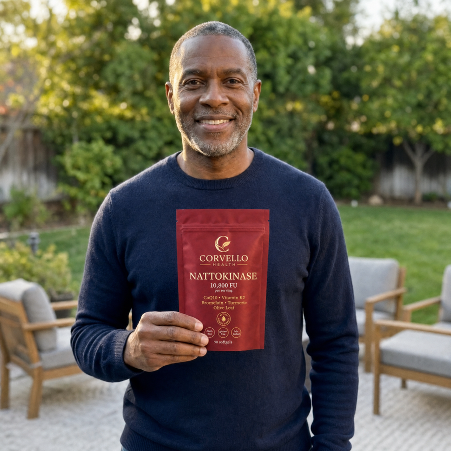 Man in a navy sweater holding a Corvello Health Nattokinase pouch in a backyard