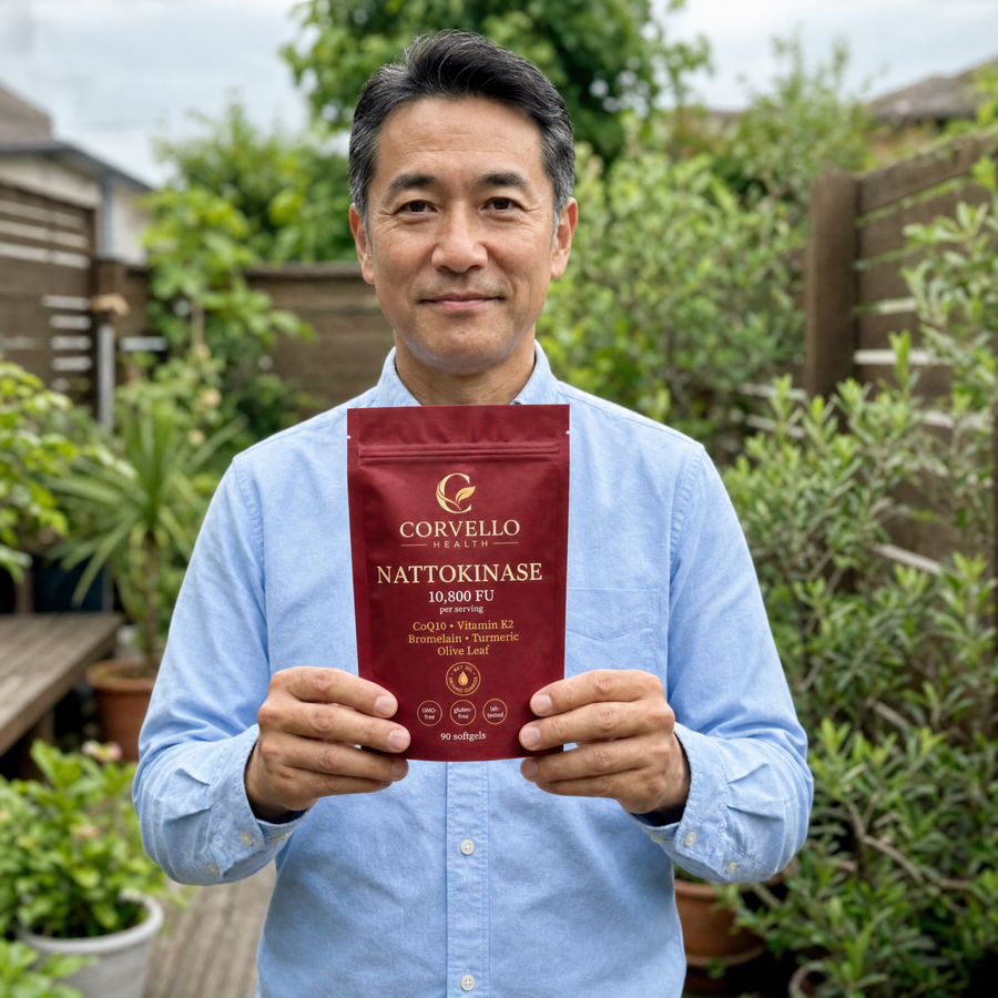 Man in a light-blue shirt holding a Corvello Health Nattokinase pouch in a garden