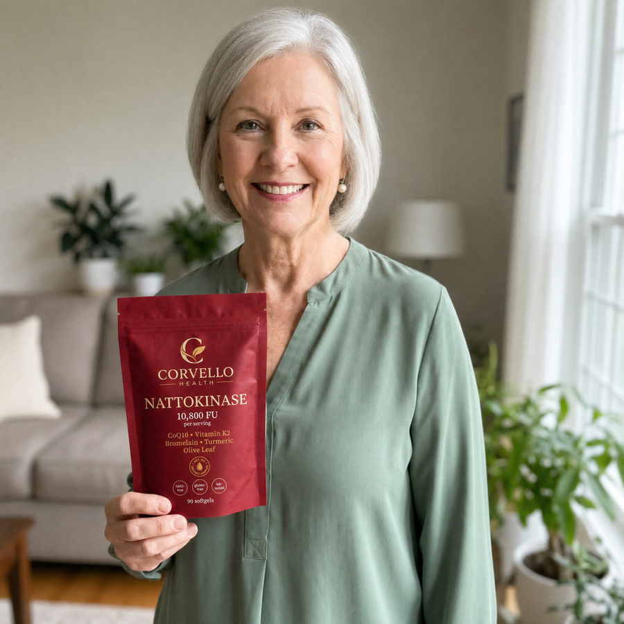 Woman in a green blouse holding a Corvello Health Nattokinase pouch at home
