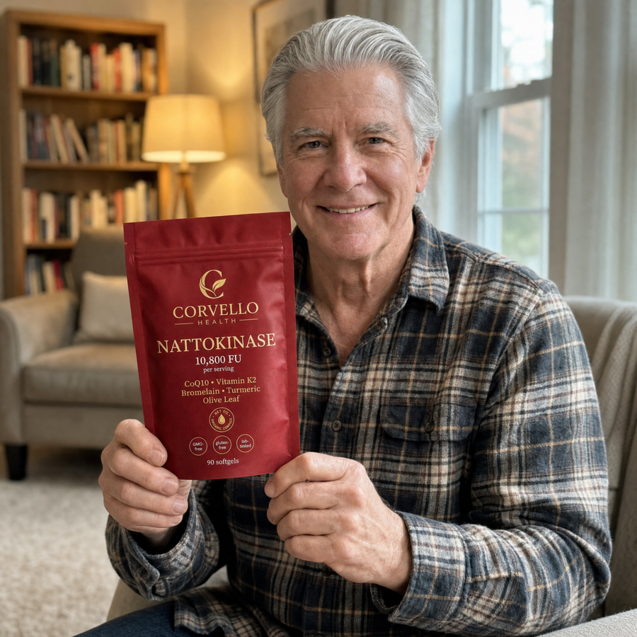 Man in a plaid shirt holding a Corvello Health Nattokinase pouch in a living room