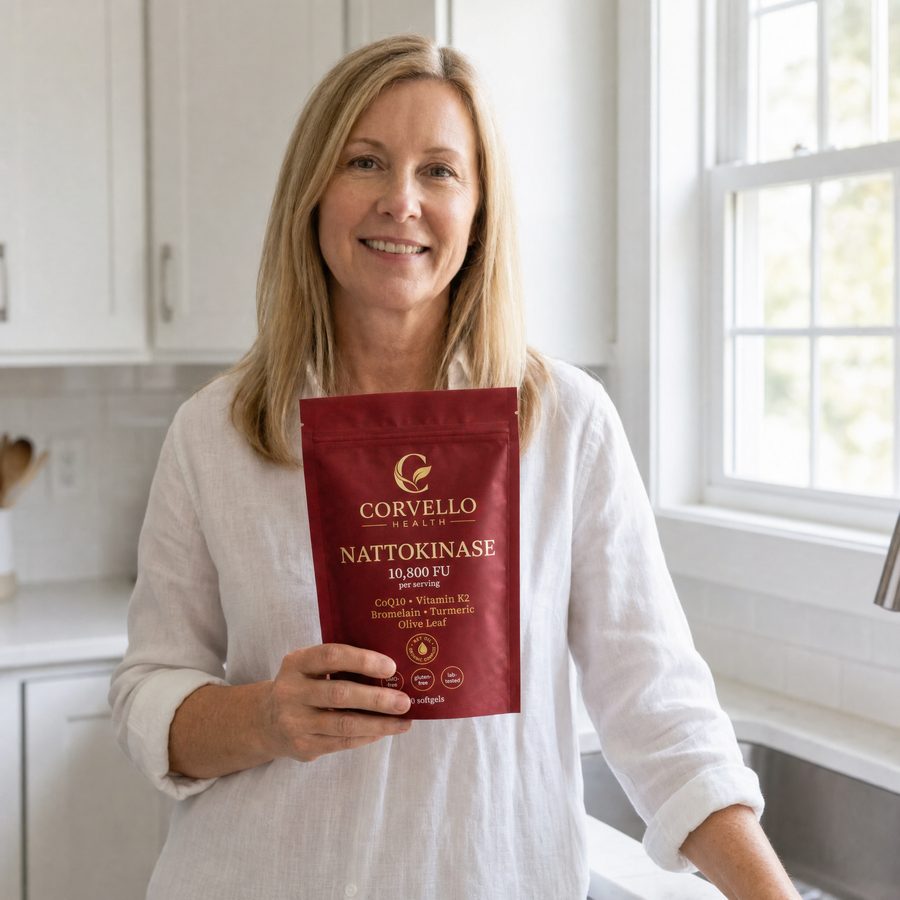 Woman holding a Corvello Health Nattokinase pouch in a bright kitchen