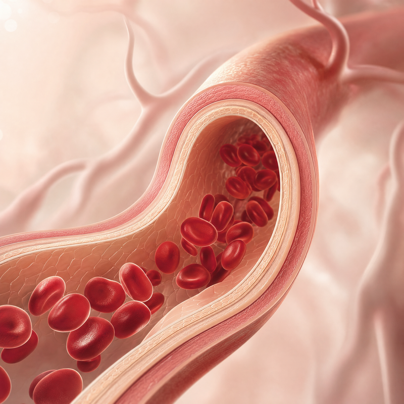 Illustration of red blood cells traveling through a curved blood vessel