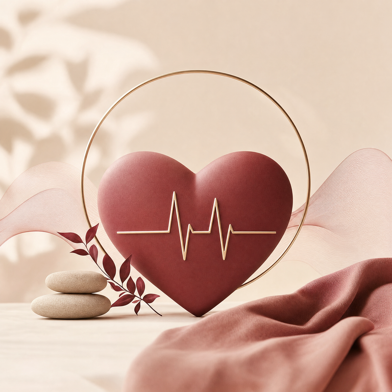 Illustration of a burgundy heart with a gold pulse line