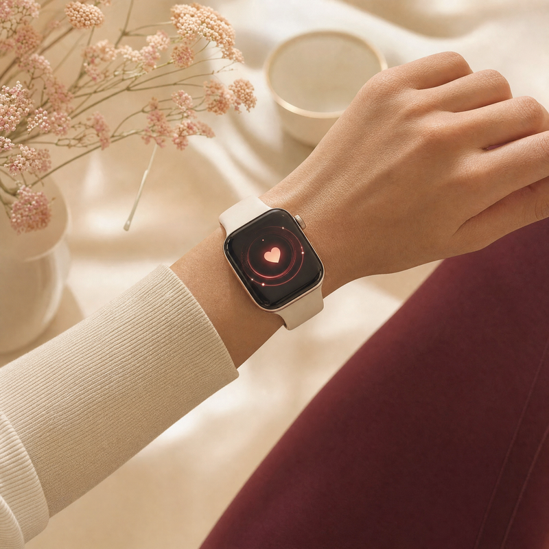 Wrist wearing a smartwatch showing a heart icon
